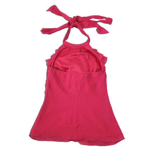 Y2k Express 100% Silk Ruched Ruffle Halter Top Size 2 Pink Barbie Fairy Coquette - Picture 2 of 11